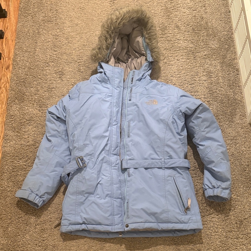 The North Face Light Blue Girls' Hooded Puffer with Faux-Fur Trim